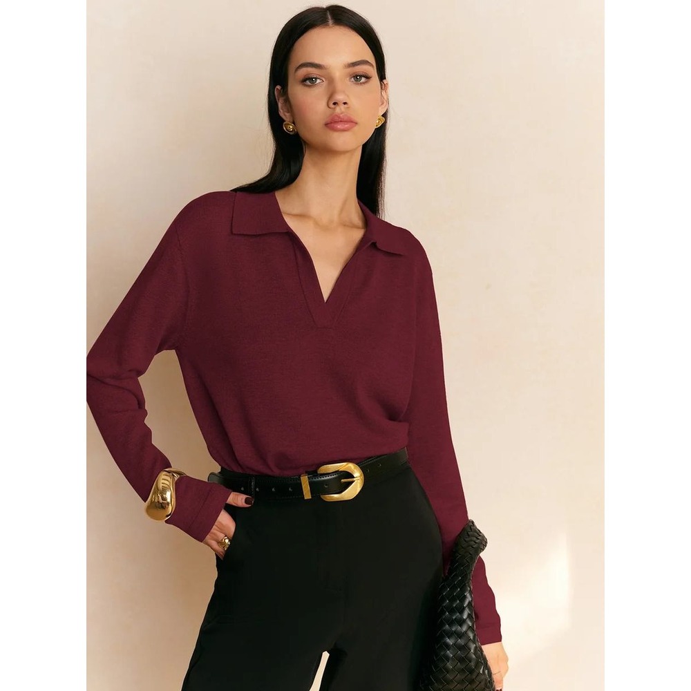 COMMENSE Burgundy Collared Knit Pullover Sweater V Neck Long Sleeve Relaxed S